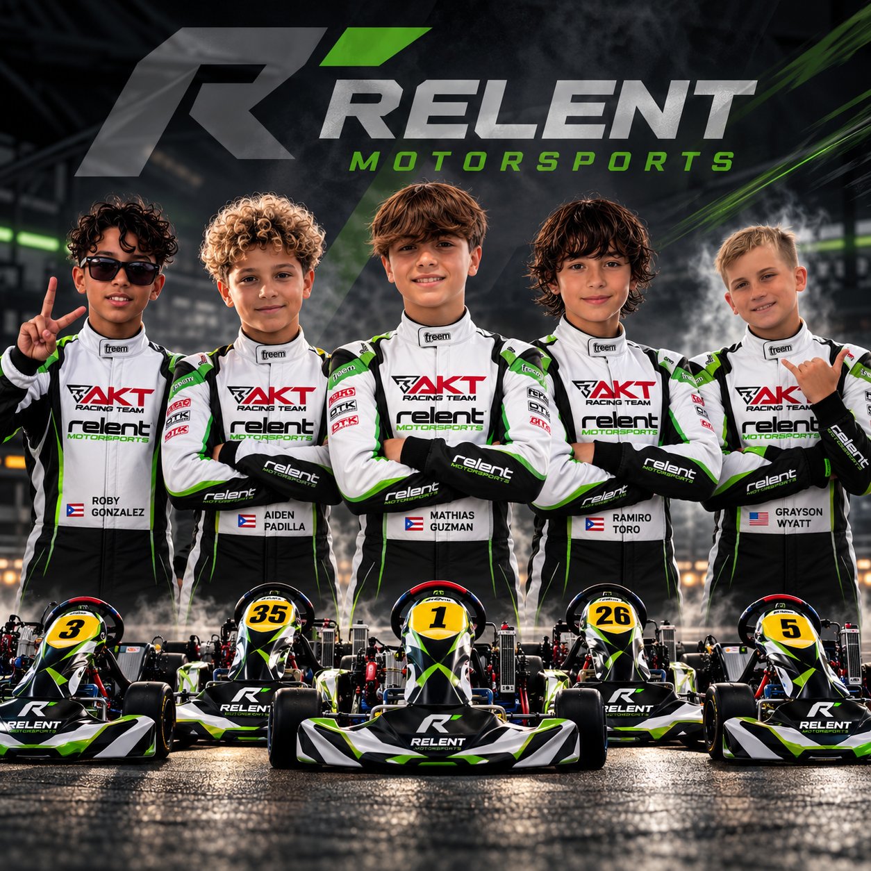 Relent Motorsports youth karting team: five young drivers in team suits behind their numbered karts