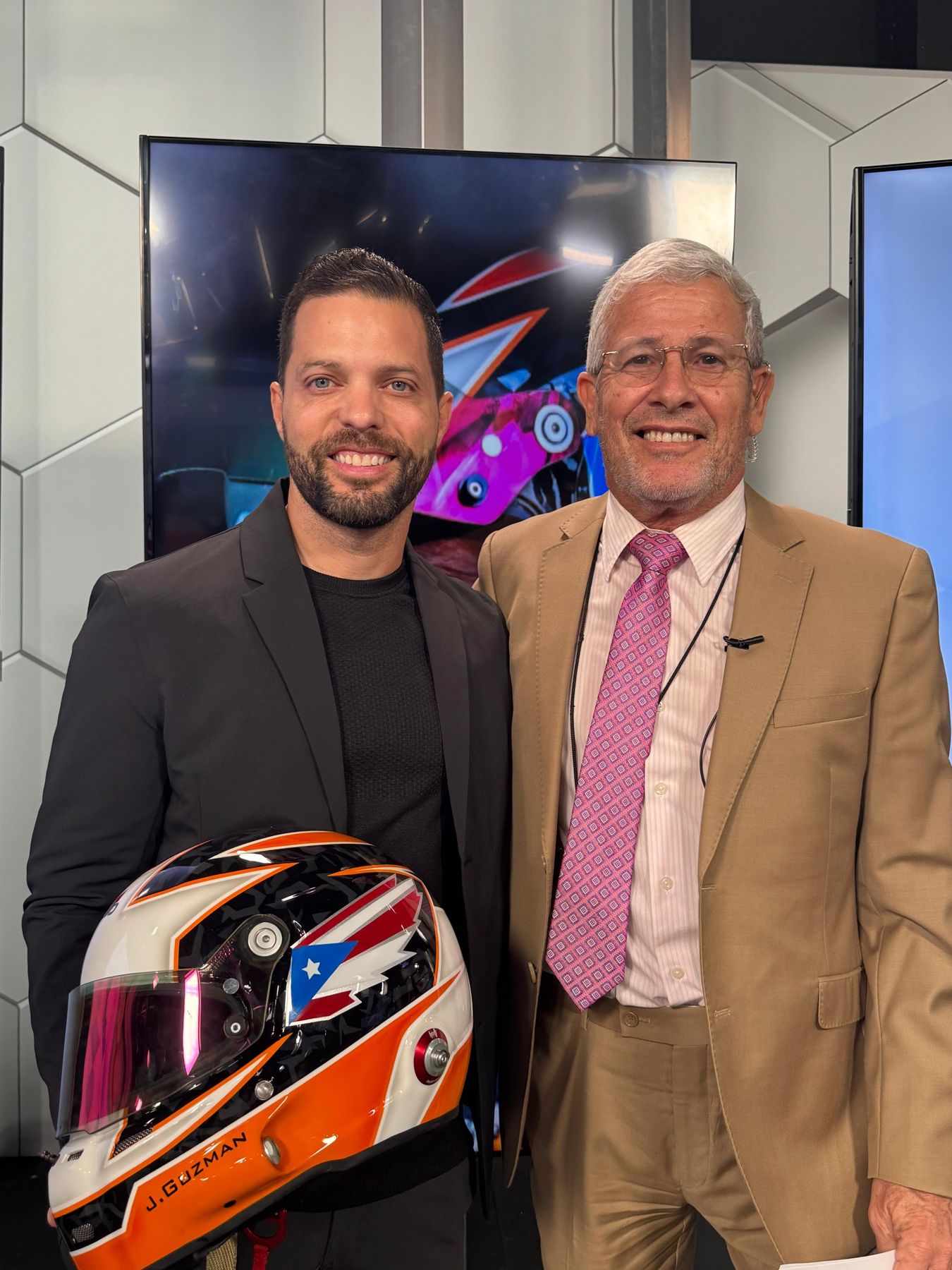 Jason with his helmet during a television interview in Puerto Rico