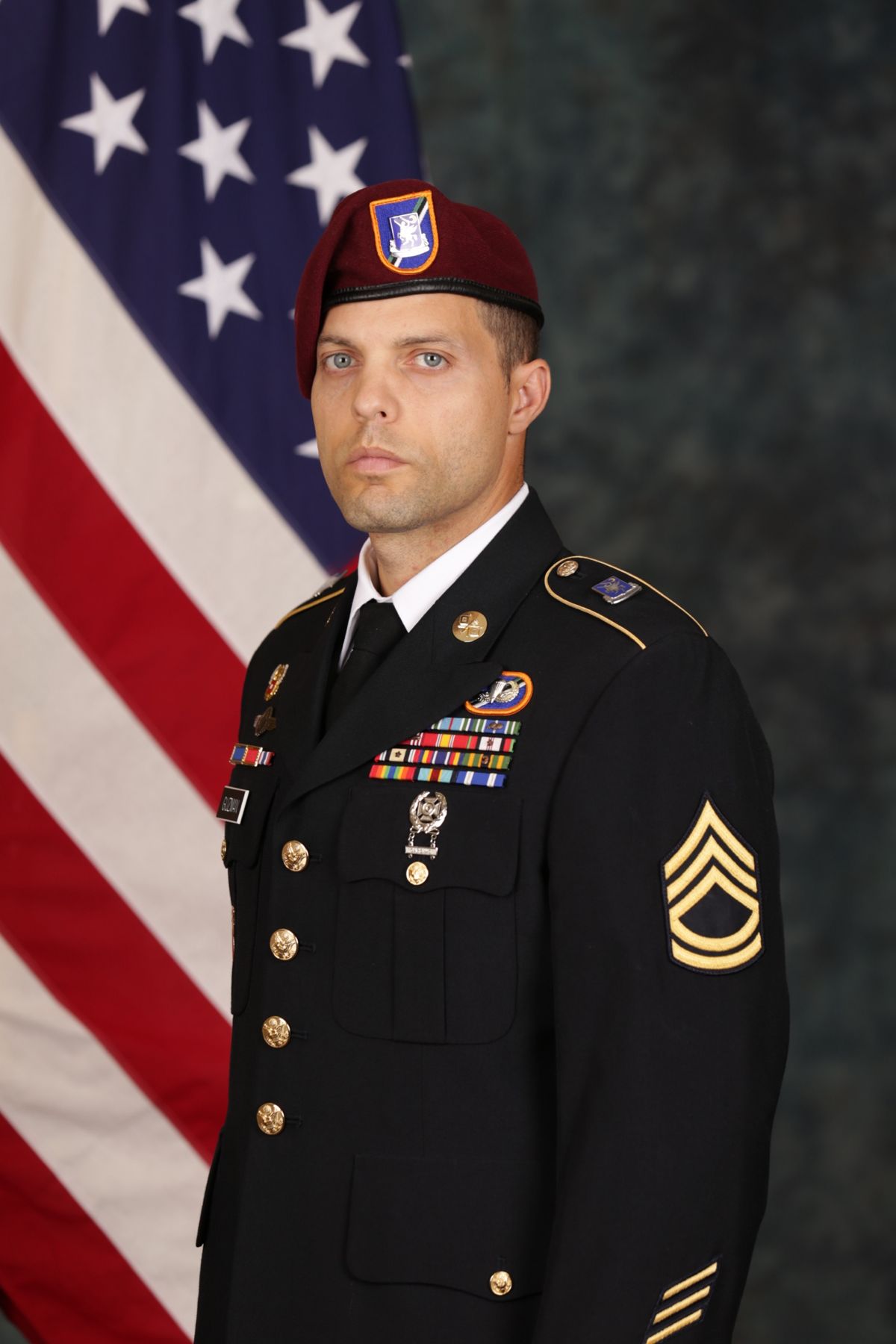 Jason's official portrait in Army dress uniform and maroon beret